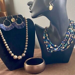 Multi-Strand Blue & Green & neutral tones Beaded Boho Necklace